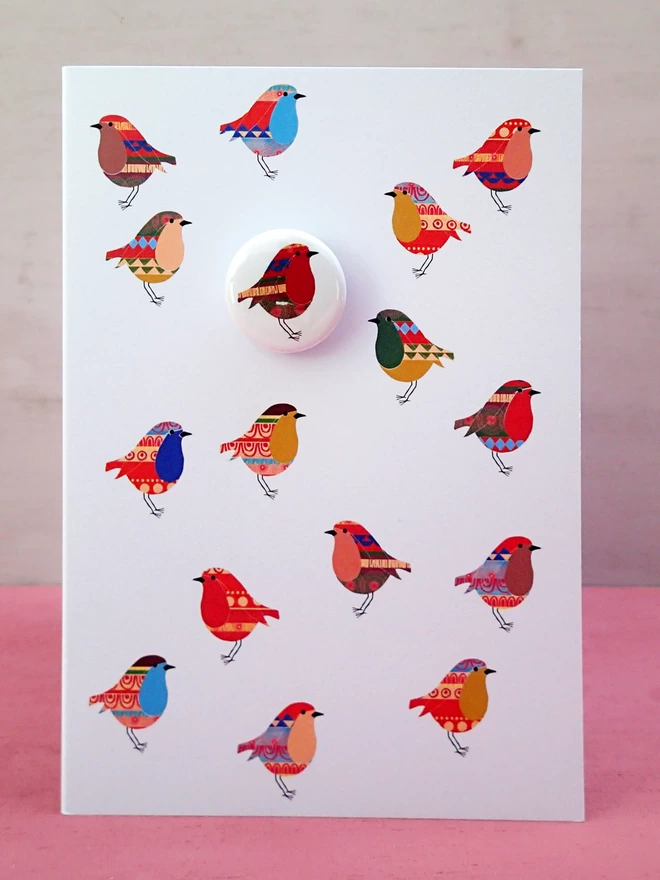Trifle robins greeting card with pin badge