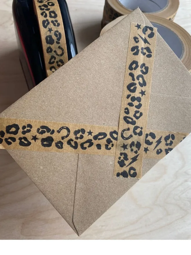 Leopard print  adhesive paper tape on an envelope.