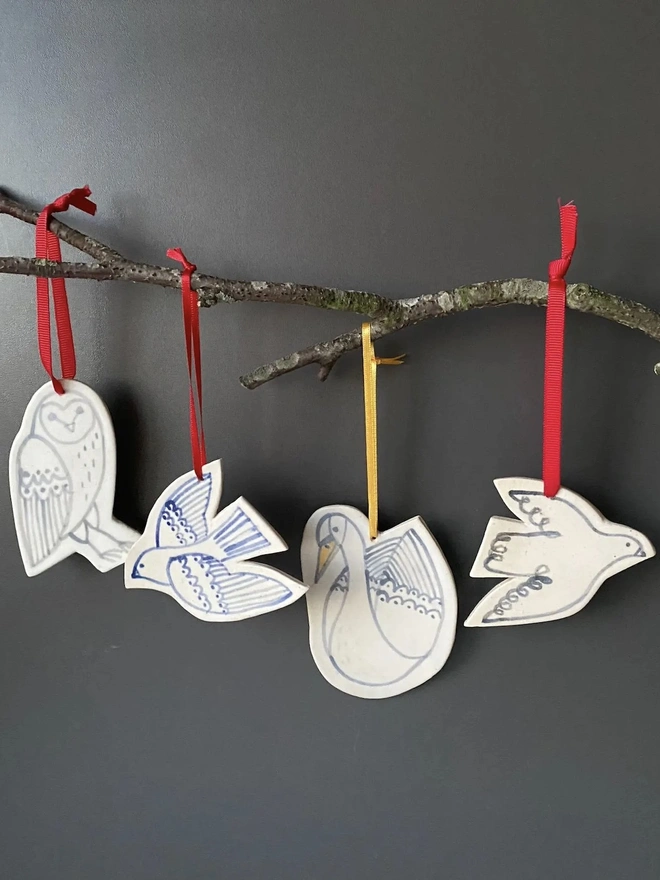 Handmade Stoneware Bird Christmas Ornaments