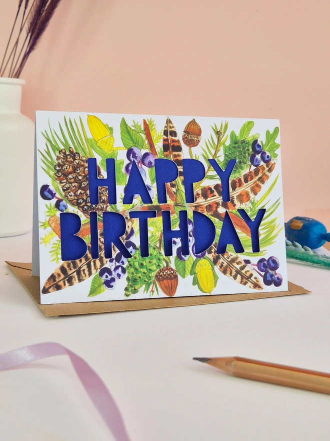 feather pinecone birthday card