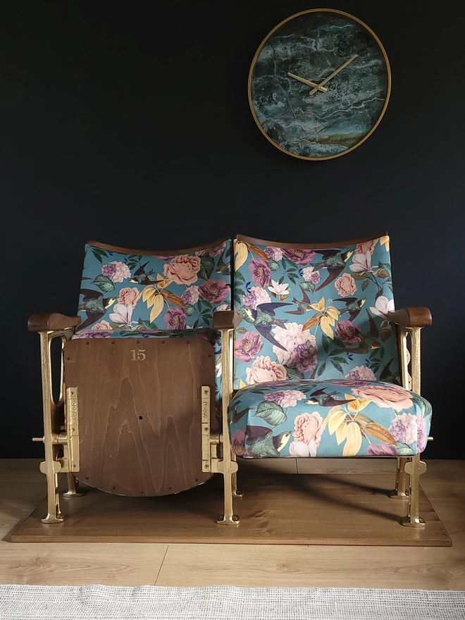 Two vintage cinema seats in Swallows and Blooms velvet, one seat up one down