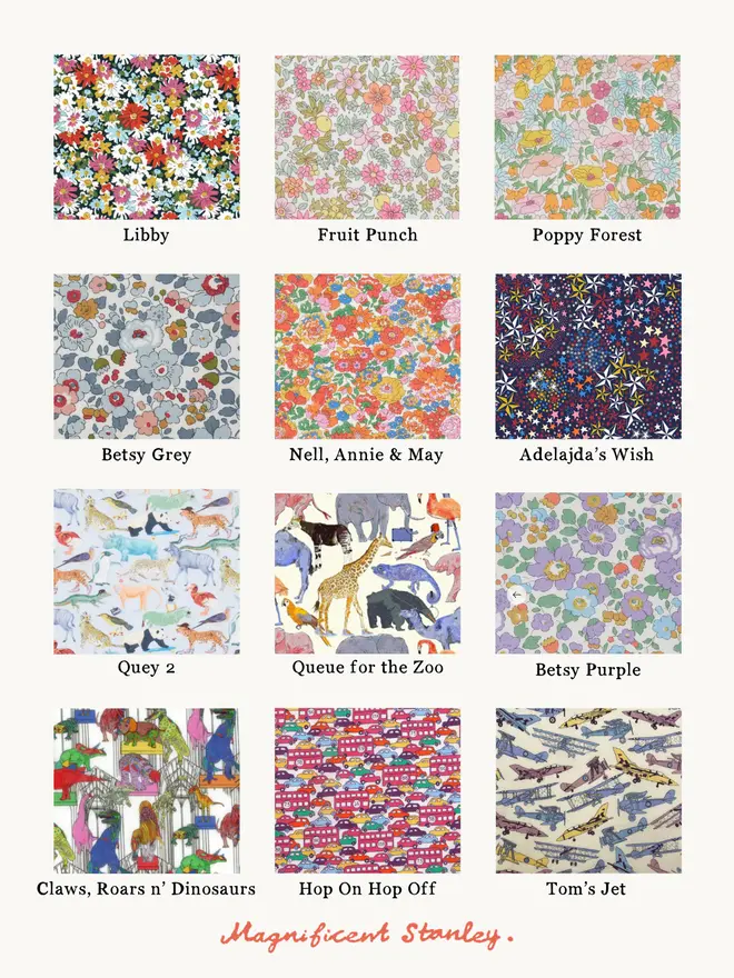 the choice of 12 Liberty Print swatches including floral prints, zoo animals, cars and planes