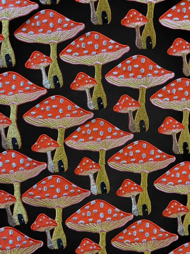 Toadstool embroidered iron on fabric patch for cuctomising clothes.