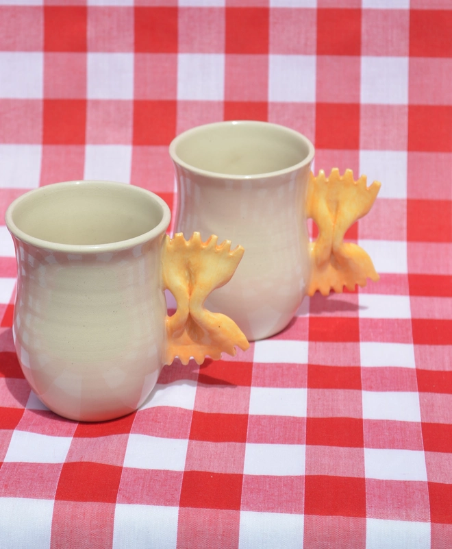 Alice Makes Pottery handmade farfalle pasta mug hourglass shape couple from the top