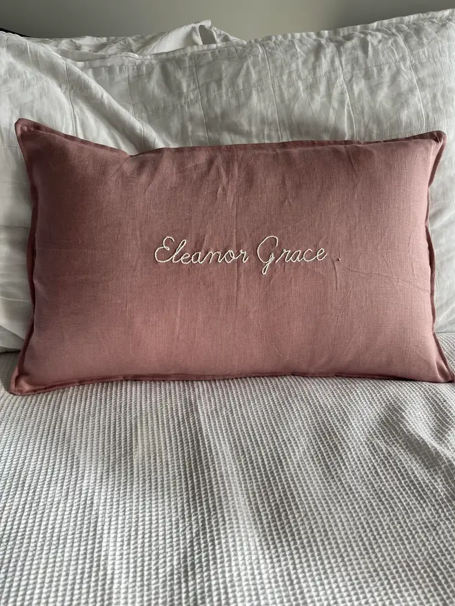 Personalised Handmade Embroidered Linen Cushion, pale pink cushion with personalised message. 