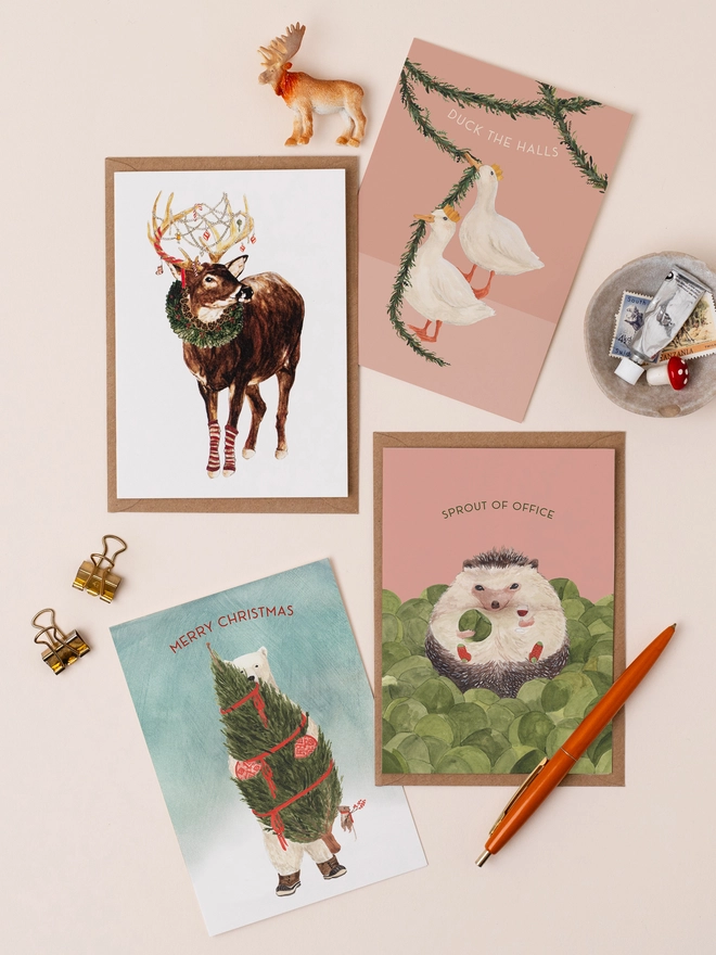 Mixed Chritsmas Card Pack with animal illustrations