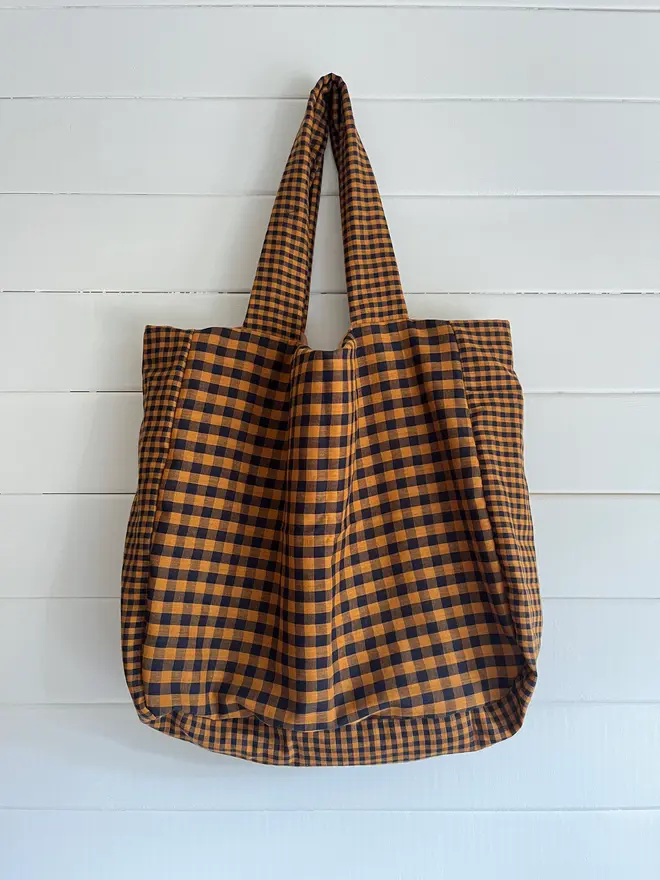 orange and black gingham tote bag