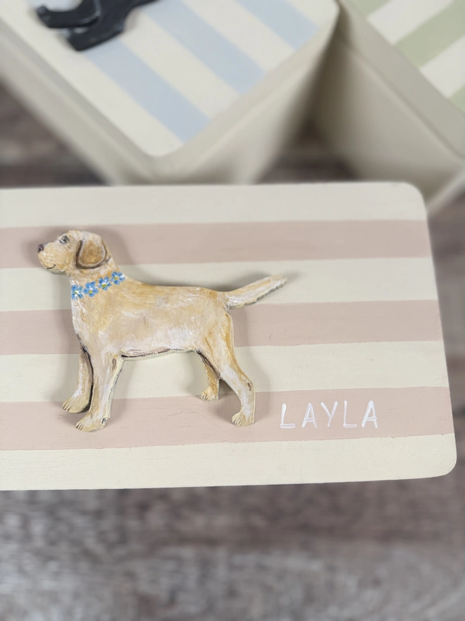 Pink and White Striped Box with a hand-painted pale yellow labrador with a blue and yellow forget me not flower collar