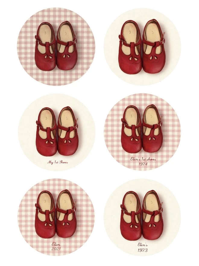 examples of different illustrations of first baby shoes shoes are red and vintage old fashioned style