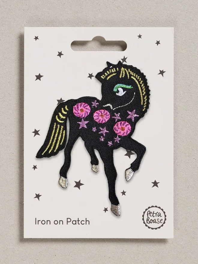 Prancing Pony iron on embroidered fabric patch. 