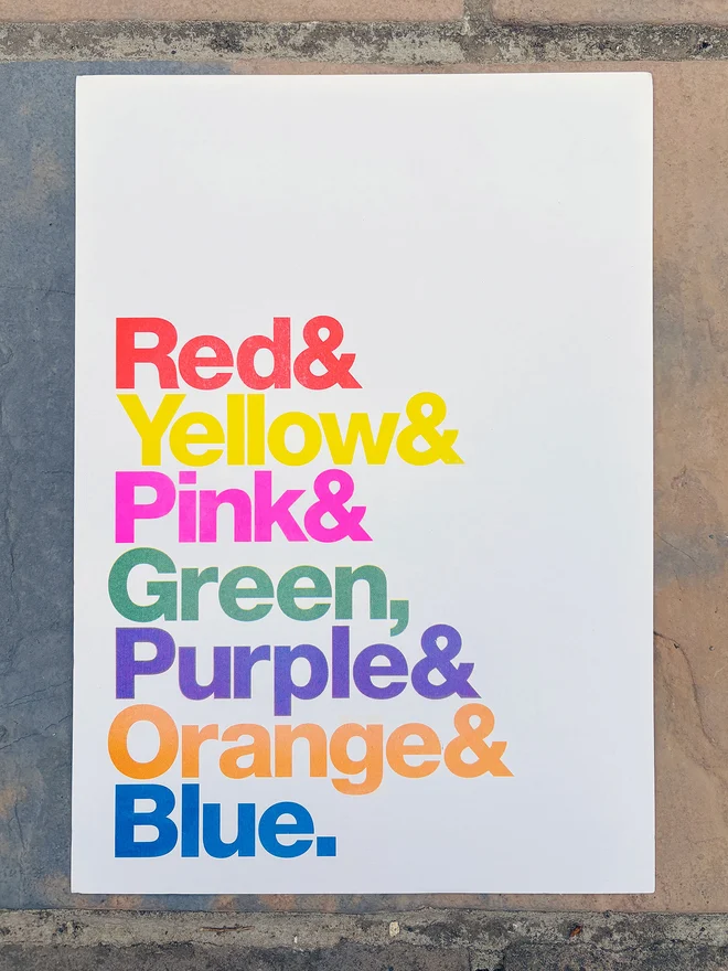 Typographic rainbow 4 colour risograph print on recycled paper