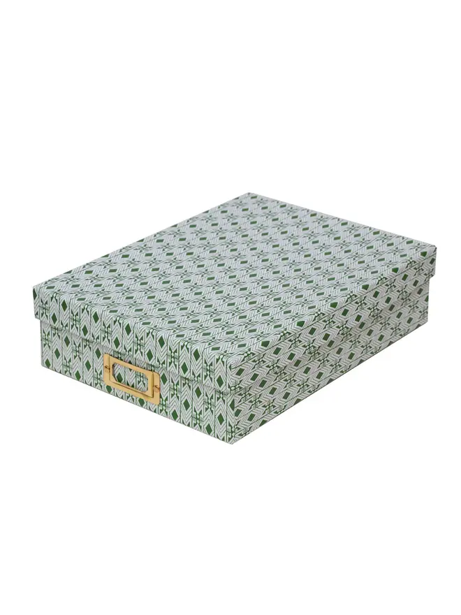 Tijan Lidded Portfolio Box, a colourful portfolio box sitting on a plain surface. 