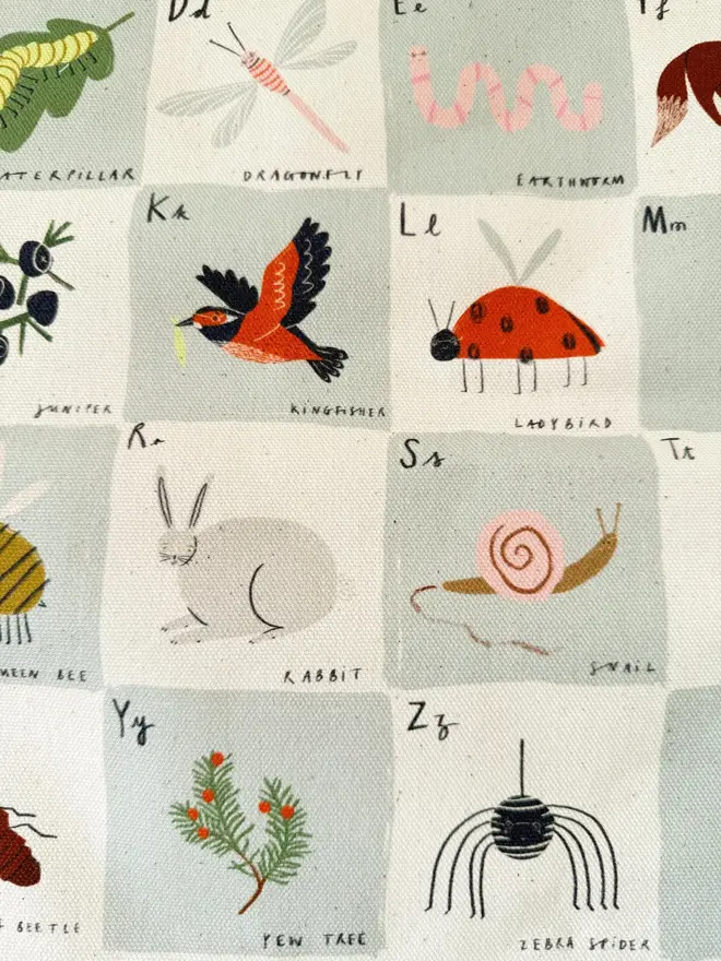 Woodland Alphabet Fabric Banner, close up. 