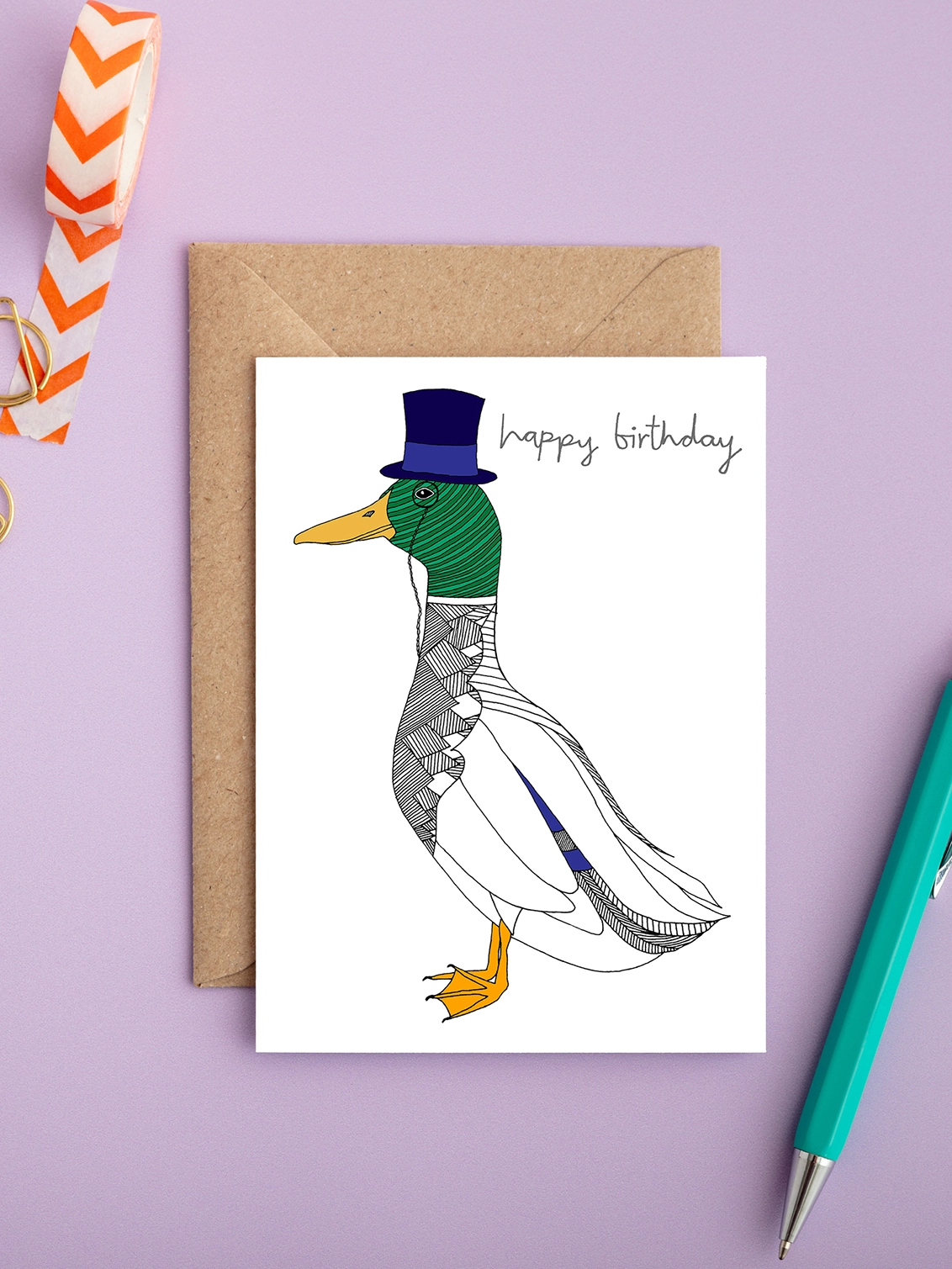 Colourful gender neutral birthday card featuring a well dressed duck