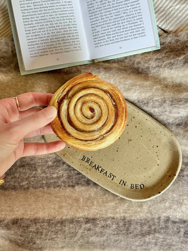 hand holding a cinnamon swirl over a ceramic plate
