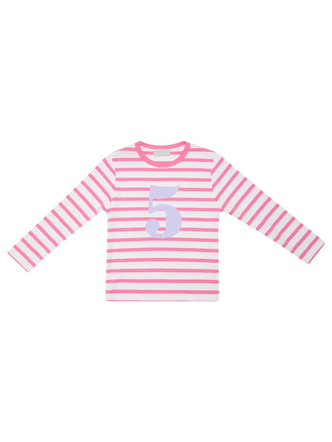 Hot Pink & White Breton Striped Number 5 T Shirt