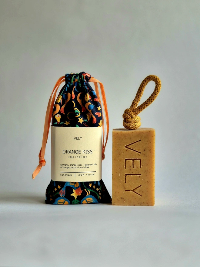 soap on a rope Orange Kiss in Liberty print bag