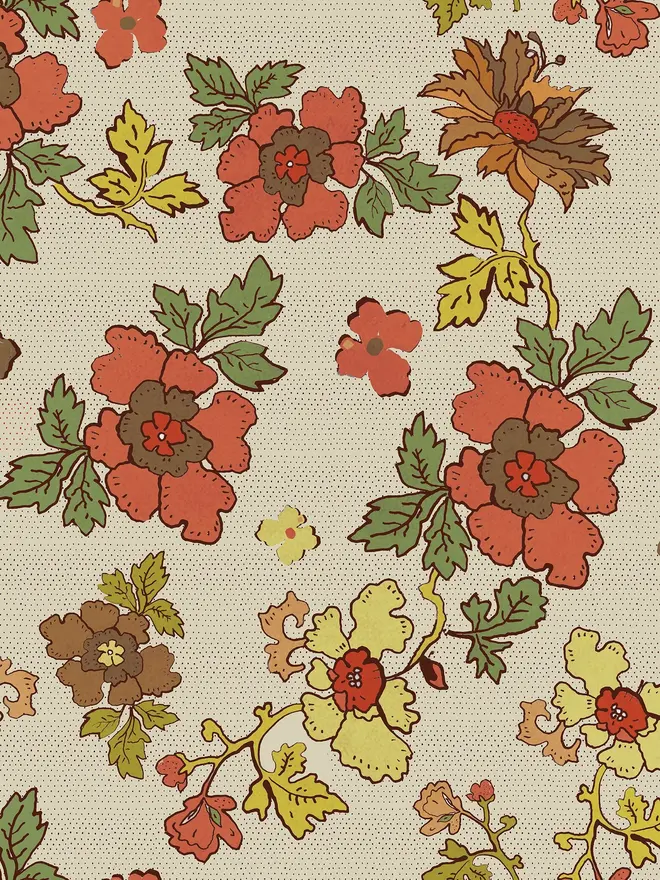 granny's floral retro illustrated wallpaper. orange and yellow illustrated floral wallpaper.