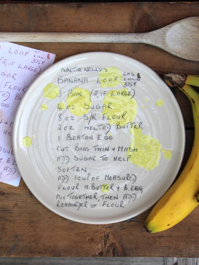 handmade ceramic plate with handwritten recipe