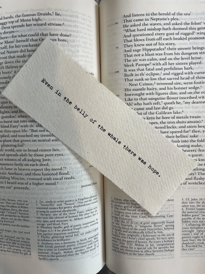 A handmade cotton rag paper bookmark with deckled edges, featuring a custom quote typed in black ink with a vintage antique typewriter.