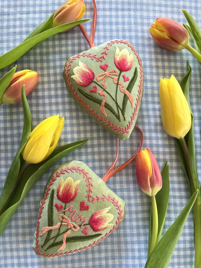 tulip silk embroidered heart ornaments pink peach green yellow orange thread, green silk, velvet ribbon stuffed ornament decoration