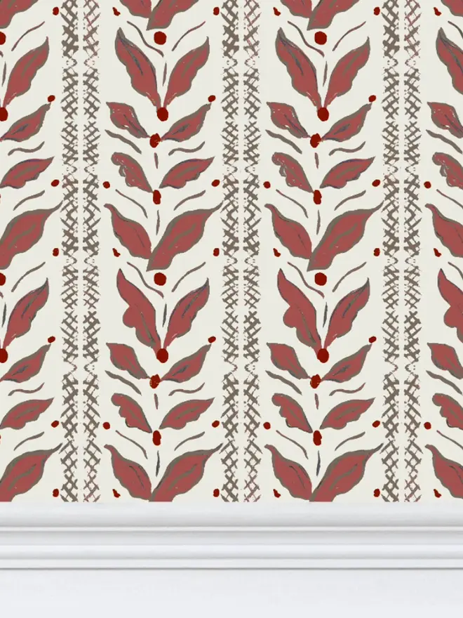 leaf stripe illustrated wallpaper. a burgundy leaf patterned wallpaper.