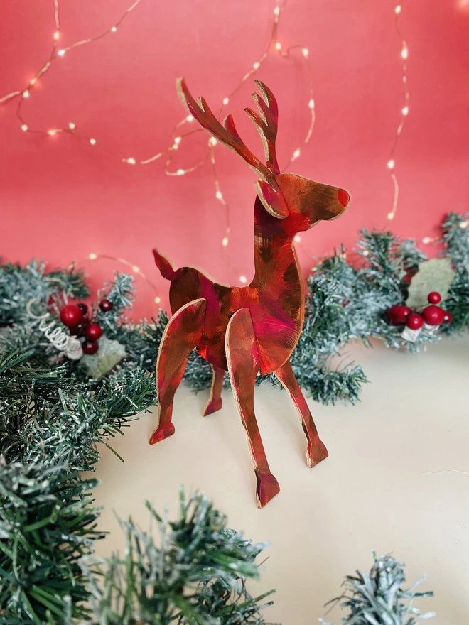 Red hand painted christmas leather reindeer
