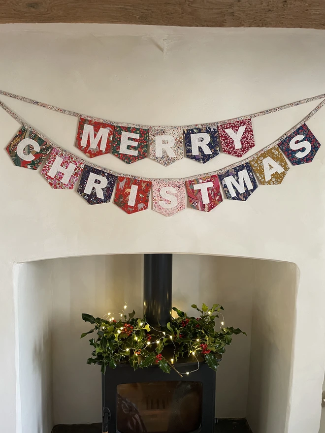 Merry Christmas Bunting made with a mix of Liberty London Christmas Prints