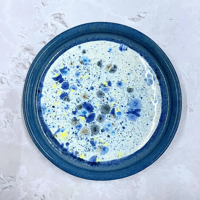 Shoreline Dinner Plate, a colourful plate placed on a stone surface. 