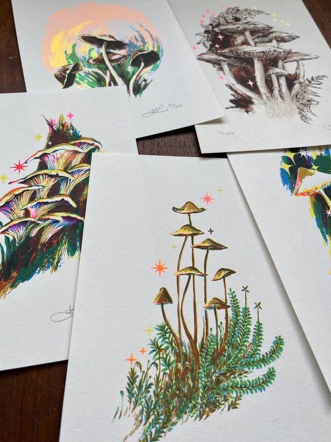 Mostly screenprint mushroom art by KATH LEONE