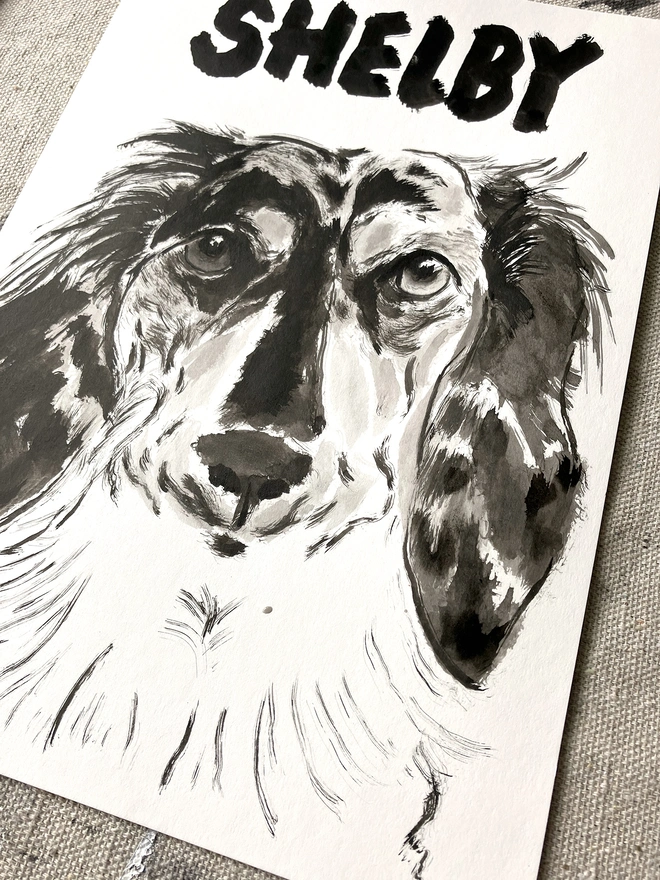 artist 'Dogs by Jeff' painting a personalised dog portrait of a long haired dachshund 