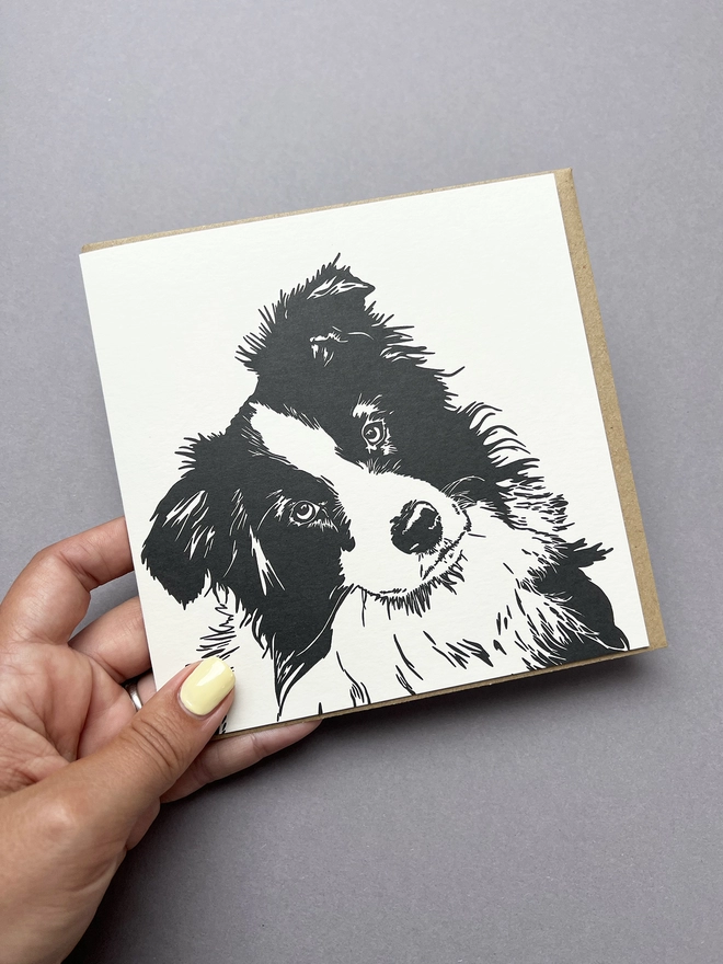 Front of the letterpress printed Collie card