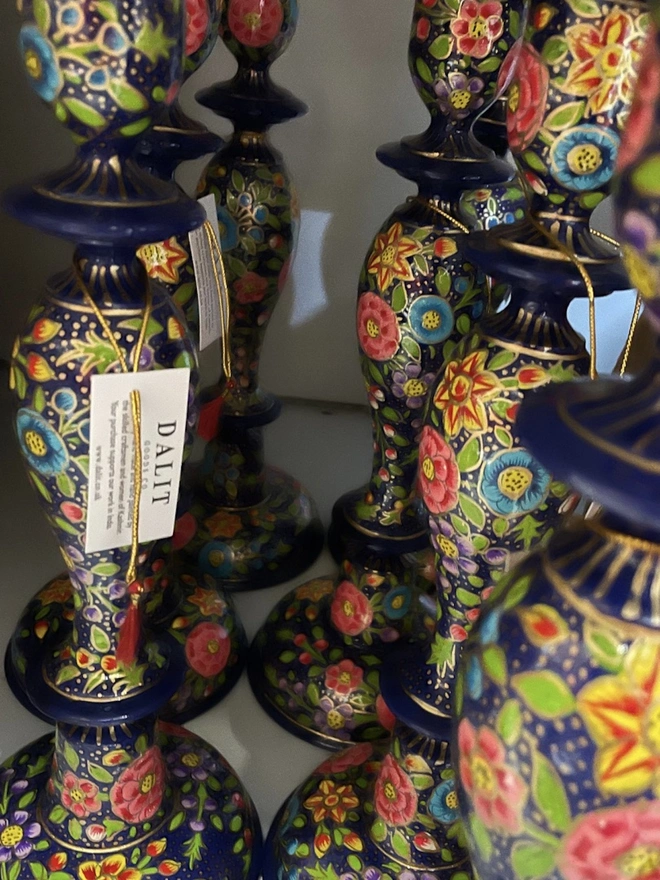 12'' Dark Blue Floral Wooden Candle Stick Holder
