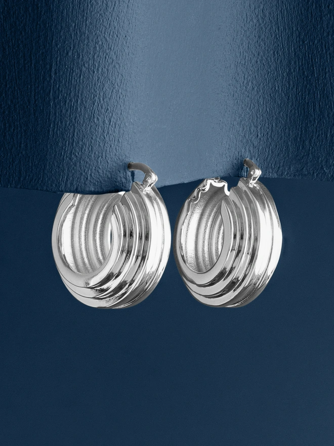 Loel Silver Triple Ridge Hoop Earrings