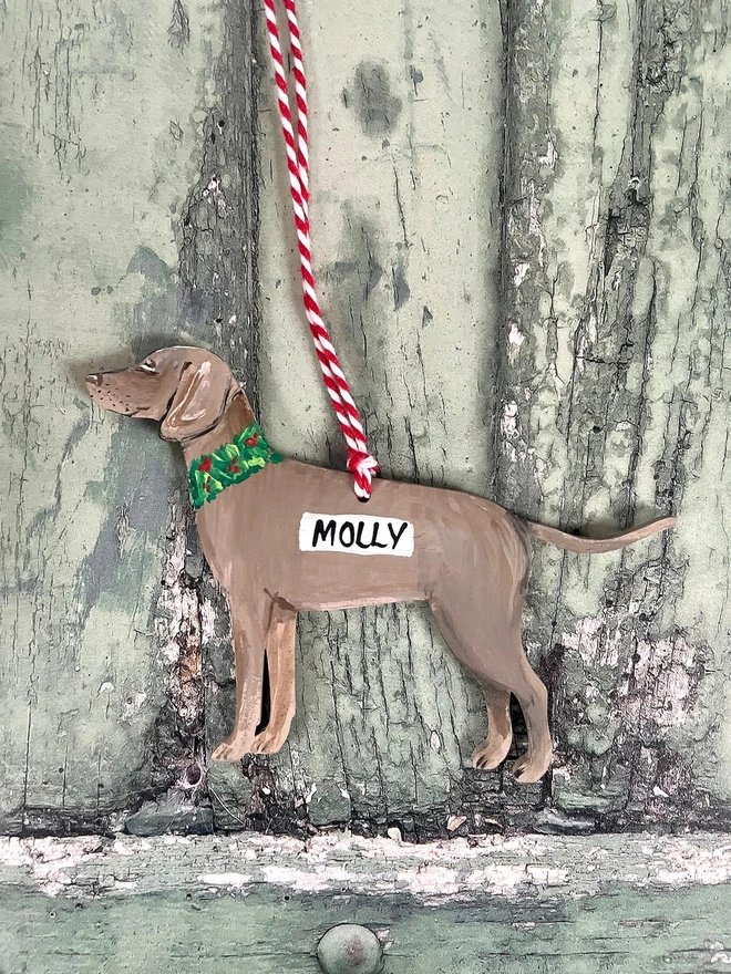 Weimaraner Hand-painted Dog Christmas Decoration hung with red and white twine