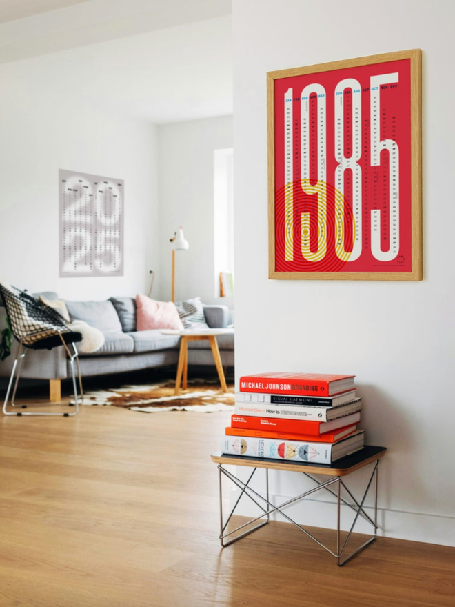 Vertigo Personalised Date Poster. A poster in fire. Living room setting.