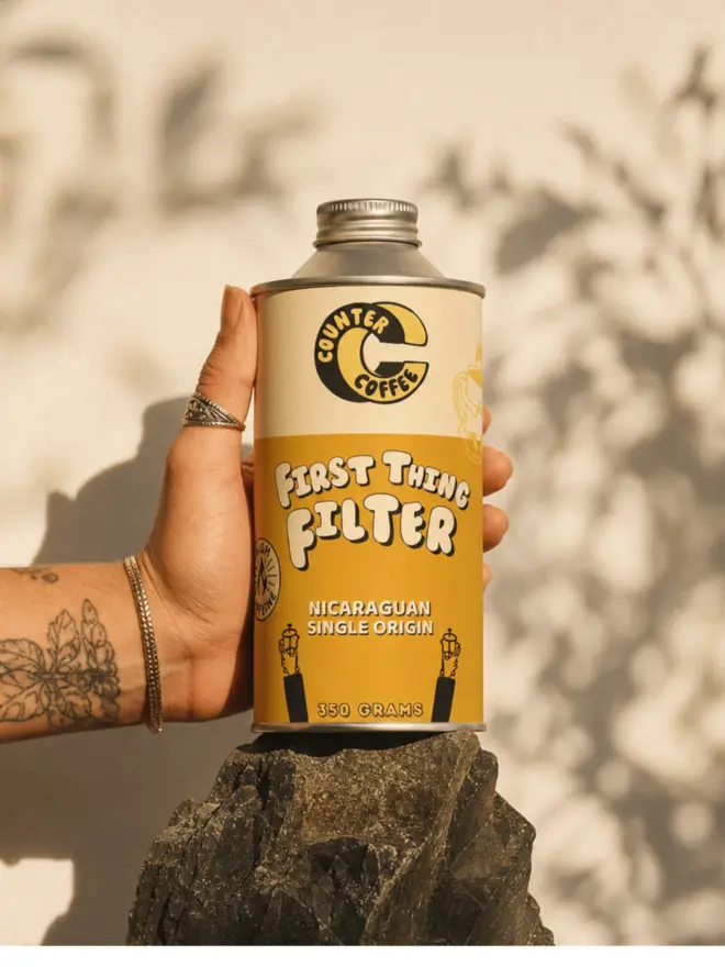 First Thing Filter. A tin of coffee from Counter Coffee.
