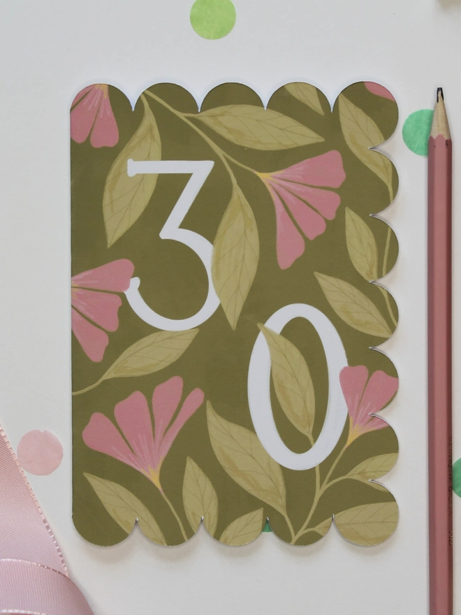 floral 30th birthday card with scalloped edge