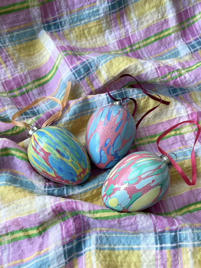 Hand-marbled ceramic hanging Easter eggs