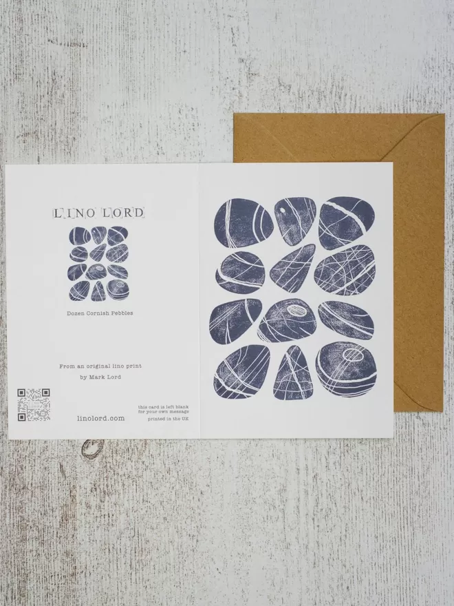 Greeting Card with an image of a Dozen Cornish Pebbles, taken from an original lino print