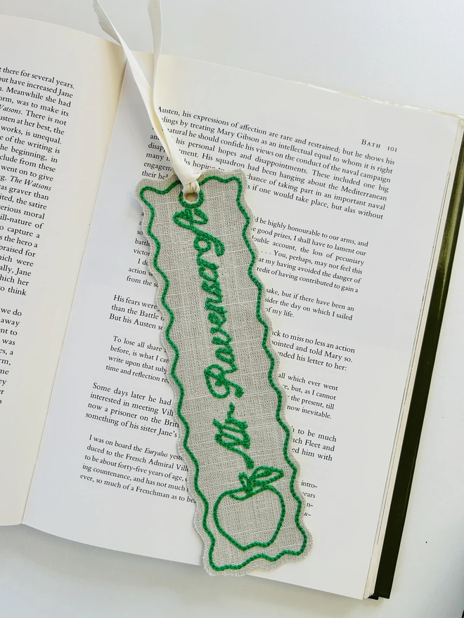 embroidered linen bookmarks green thread