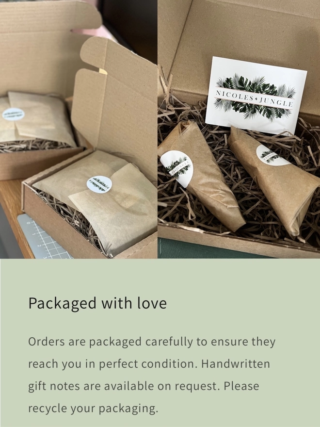 2 images showing how the paper plants are wrapped. Brown kraft boxes filled with shredded paper and it shows paper plants wrapped in tissue paper with Nicole's Jungle stickers and gift cards. Underneath there is text that explains that orders are packaged carefully and handwritten gift notes are available on request. Lastly it says 'please recycle your packaging'