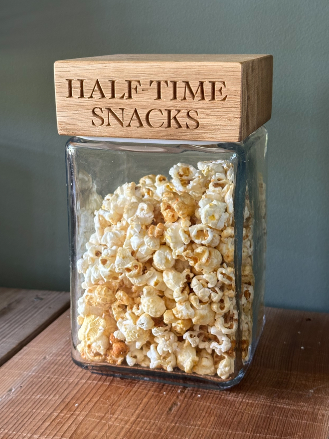 Half time snacks oak wooden engraved jar