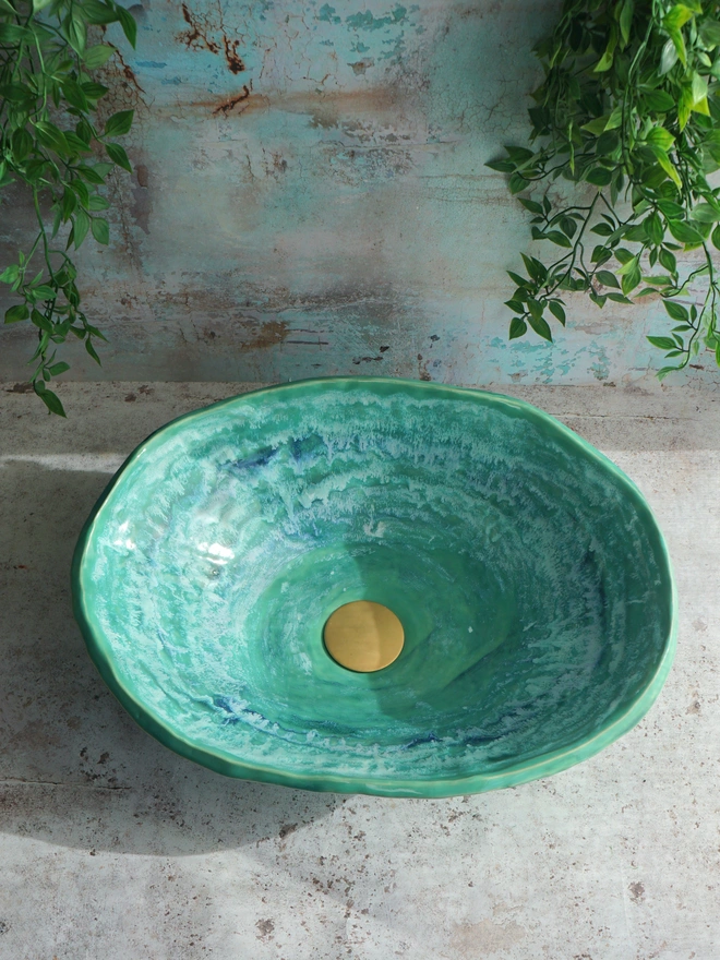 ceramic bathroom basin, unique bathroom basin, handcrafted bathroom basin, handmade bathroom basin, handmade sink, handcrafted sink, bespoke, basin, bespoke sink, green sink, green basin, Jenny Hopps Pottery, sculptural basin, sculptural sink, luxury bathroom basin