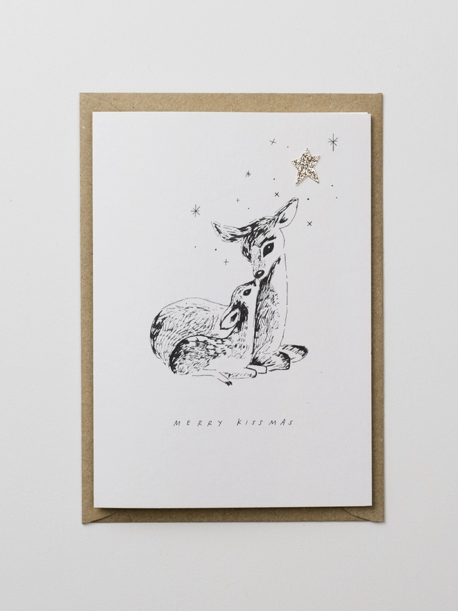 Merry Kissmas Handfinished Reindeer Christmas Greeting Card