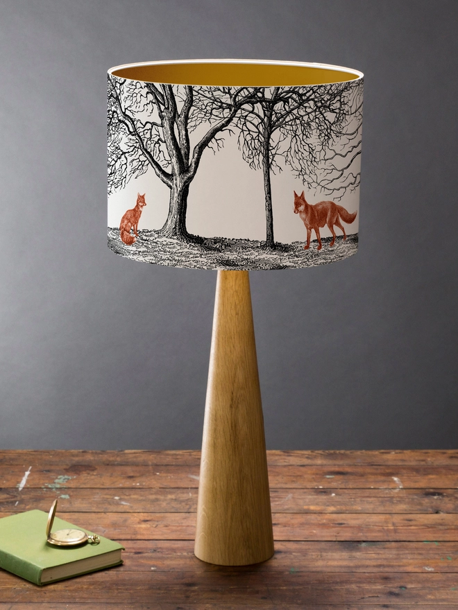 Handmade fox lampshade inspired by woodland walks and British countryside cottage style.