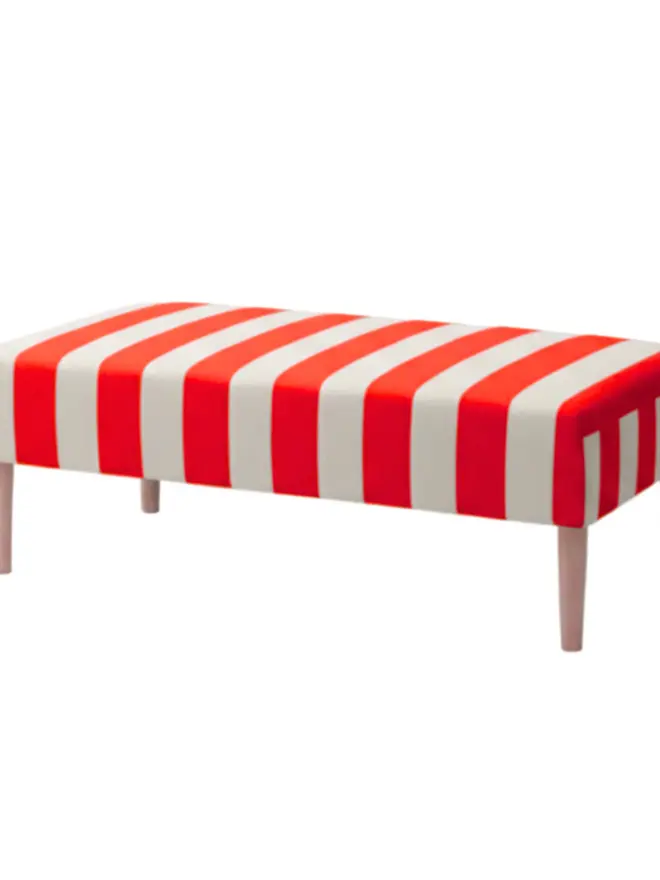 Hand Painted Upholstered Striped Linen Coffee Table Ottoman, neon orange coffee table sitting against a white backdrop. 