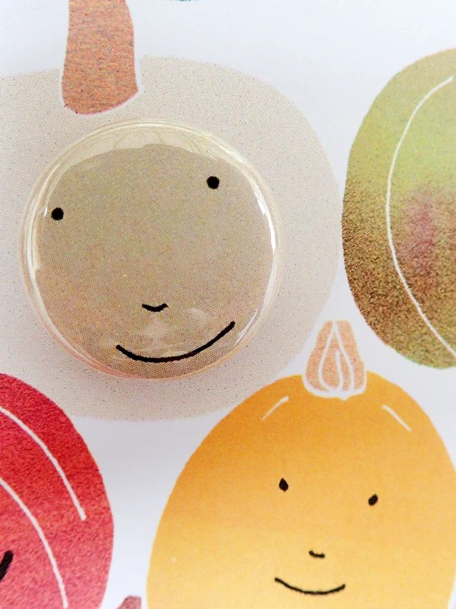 pumpkin, halloween greeting birthday card with pin badge