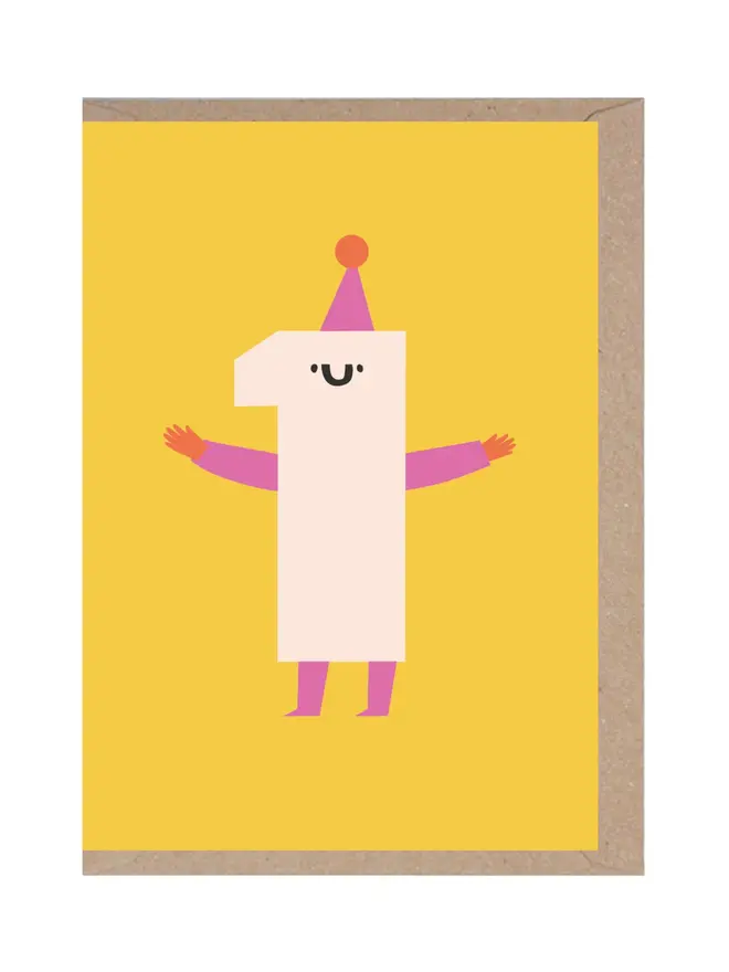 1St Birthday Card, with a brown envelope against a white background. 