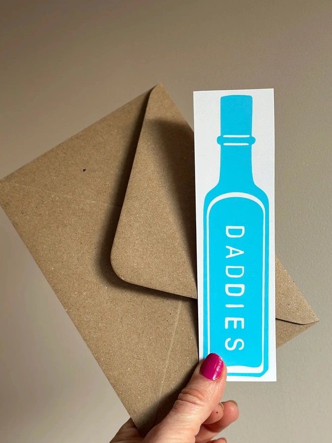 'Daddies' Handprinted Vintage Bottle Bookmark in Blue